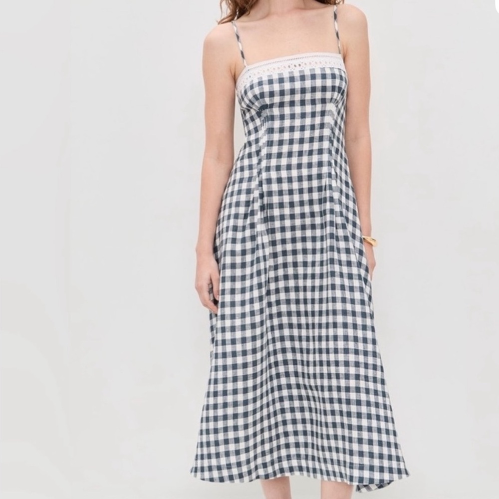 Reformation Pomona Linen Dress In Big Slate Check - Picture 2 of 11